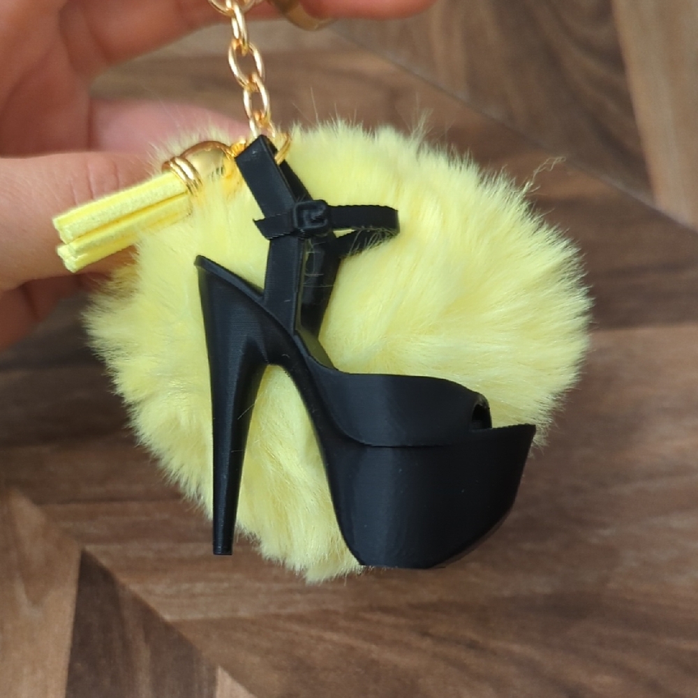 Yellow Fluffy Pom Pom Keychain with Black Platform High Heel Charm